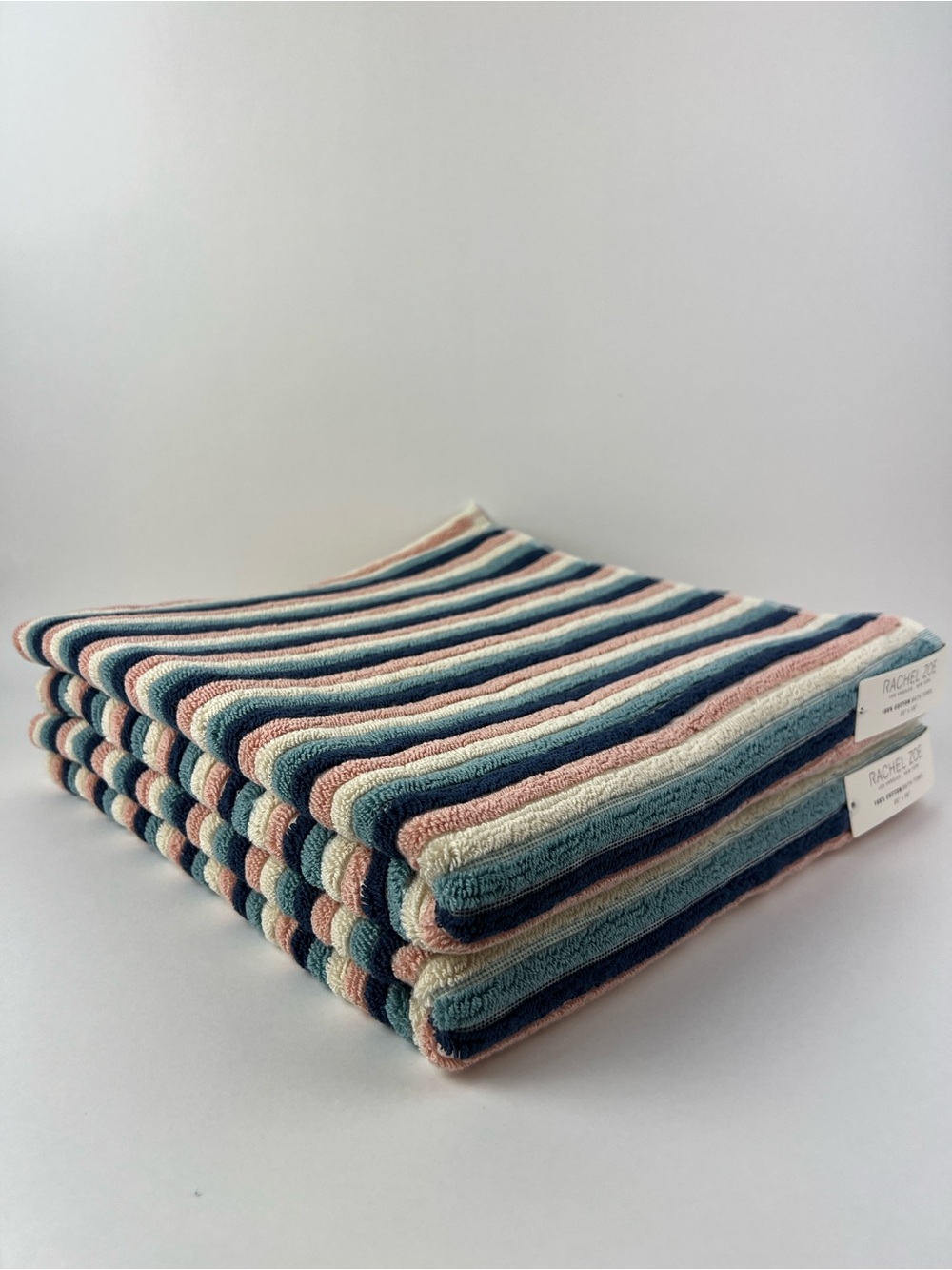 Rachel Zoe Bath Towel Set Striped Pink Navy Cream Soft 100% Cotton 2 Pc NEW